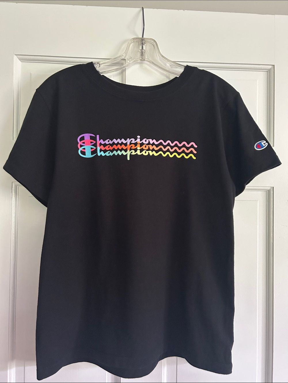 Women’s Champion Black Tee with Rainbow Logo- Size Small